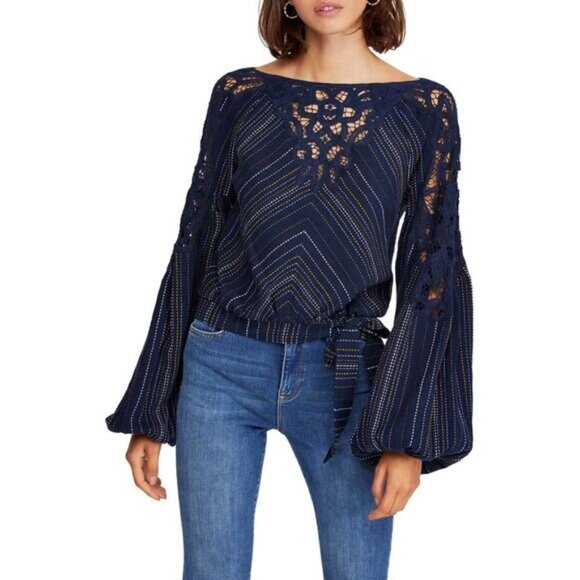 Free People Floating Memories Striped Lace Blouse Top Size Medium - Picture 1 of 7